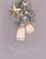 Merry Christmas 3d greeting card with bell, ring, pine branch and golden foil stars on tender soft rose background. Vector art