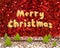 Merry Christmas (3D rendering text) floating over green christmas tree in red and gold glitter studio room, Holiday Concept