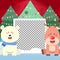 Merry Christmas background with blank photo and Cute Polar Bear and Reindeer sitting in the snow landscape with a christmas tree.