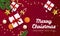 Merry Christmas background with element. Red Background with gifts box, green fir tree branch, oranges, candy stick and