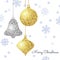 Merry Christmas background with gold and silver hanging baubles