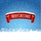 Merry Christmas background illustration with red realistic ribbon label and snow. Vector illustration winter tag for holidays