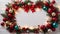 Merry Christmas background. New Year\\\'s decorations on white table - colorful balls around. Top view with copy space frame
