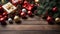 Merry Christmas background. New Year\\\'s decorations on wooden table - colorful balls and gifts. Top view with copy space