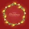 Merry Christmas background with realistic decoration round from string light, stars and christmas candy.