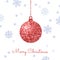 Merry Christmas background with red shiny bauble and blue snowfl