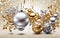 Merry Christmas background with silver and gold hanging baubles illustration