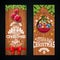 Merry Christmas Banner Design with Glass Ball, Star, Pine Branch and Typography Elements on Vintage Wood Texture