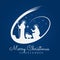 Merry Christmas banner sign with Nightly christmas scenery mary and joseph in a manger with baby Jesus and Meteor on blue backgrou