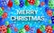 Merry Christmas banner winter season with colorful balloon and snowflake on blue background.