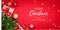 Merry Christmas banner, Xmas Party with gifts box, green pine branches, and holly berry. Horizontal Christmas posters