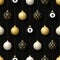 Merry Christmas billiard seamless pattern. Hang on a thread realistic billiard pool ball as a Christmas ball on black horizontal