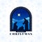 Merry christmas - the birth of jesus banner with Nativity of Jesus scene and star light in Stone Archway on snow texture