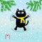 Merry Christmas. Black cat laying on back. Making snow angel. Fir tree. Branch spruce Firtree. Moving paws. Cute cartoon funny cha