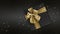 Merry christmas or black friday concept, black gift box with shiny golden ribbon bow isolated on sparkle background with stars,