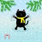 Merry Christmas. Black smiling cat laying on back. Making snow angel. Moving paws. Fir tree. Branch spruce Cute cartoon funny char