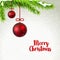 Merry Christmas branch fir with hanging christmas ball. Holiday winter background