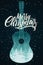 Merry Christmas. Calligraphic retro Christmas card or poster design with forest winter landscape inside silhouette acoustic guitar