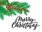 Merry Christmas calligraphy lettering and Xmas holiday holly decoration. Vector Christmas holiday greeting card and ornaments back