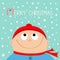 Merry christmas Candy cane. Kid face looking up to snow. Baby boy wearing red hat scarf. Cute cartoon character. Funny head