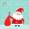 Merry Christmas. Candy Cane. Santa Claus holding carrying sack gift bag. Red hat, costume, big beard, golden belt. Cute cartoon