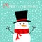 Merry Christmas. Candy cane. Snowman, carrot nose, black hat, red scarf. Happy New Year. Cute cartoon funny kawaii character. Blue
