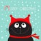 Merry Christmas candy cane text. Black Cat kitten head face looking up.