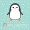 Merry Christmas Candy cane text. Kawaii Penguin bird. Cute cartoon baby character. Flat design Winter antarctica blue background w