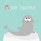 Merry Christmas Candy cane text. Sea lion. Harp seal pup lying on iceberg ice. Cute cartoon character. Happy baby animal collectio
