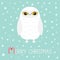 Merry Christmas Candy cane text. White Snowy owl. Sitting bird with wings. Yellow eyes. Arctic Polar baby animal. Flat design. Blu