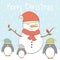 Merry christmas card with cute cartoon colorful penguins and snowman