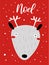 Merry Christmas card with cute deer, snowflakes, text. Doodle winter holidays, noel background, poster