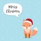 Merry Christmas card with Cute Fox Cartoon Character vectors wearing Santa Claus hat .Kawaii Fox isolated on sky blue background