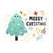 Merry Christmas card with a cute tree. Funny holiday print