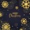 Merry Christmas card with glitter gold snowflakes, glowing lights and stars. Luxury banner with falling particles and
