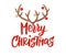 Merry Christmas card. Hand drawn lettering. Reindeer horns with Christmas balls decoration. Great for gift tags and