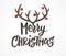 Merry Christmas card. Hand drawn lettering. Reindeer horns with Christmas balls decoration. Great for gift tags and