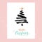 Merry Christmas card, minimalism design. Simple sketched fir tree and calligraphy text Merry Christmas. Black ink and