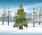 Merry christmas card with pine tree in snowscape