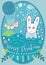 Merry Christmas card with rabbit and flying balloon