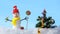 Merry Christmas card, snowman with christmas tree in winter park, Christmas greeting