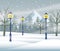 Merry christmas card with snowscape scene with lamps