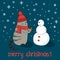 Merry Christmas card template. Cute cartoon cat and snowman