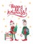 Merry Christmas card, watercolor illustration with Christmas elves