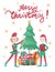 Merry Christmas card, watercolor illustration with Christmas elves, lettering