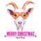 Merry Christmas card with watercolor portrait of hipster goat. Hand drawn vector illustration