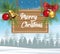 Merry christmas card with wooden label in snowscape