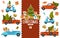 Merry Christmas, cars transporting pine trees and presents vector