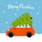 Merry christmas cartoon card with car driving home for xmas with pine tree bound on a roof