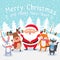 Merry Christmas cartoon greeting card. Happy xmas pets, Santa present gifts and winter holiday presents vector